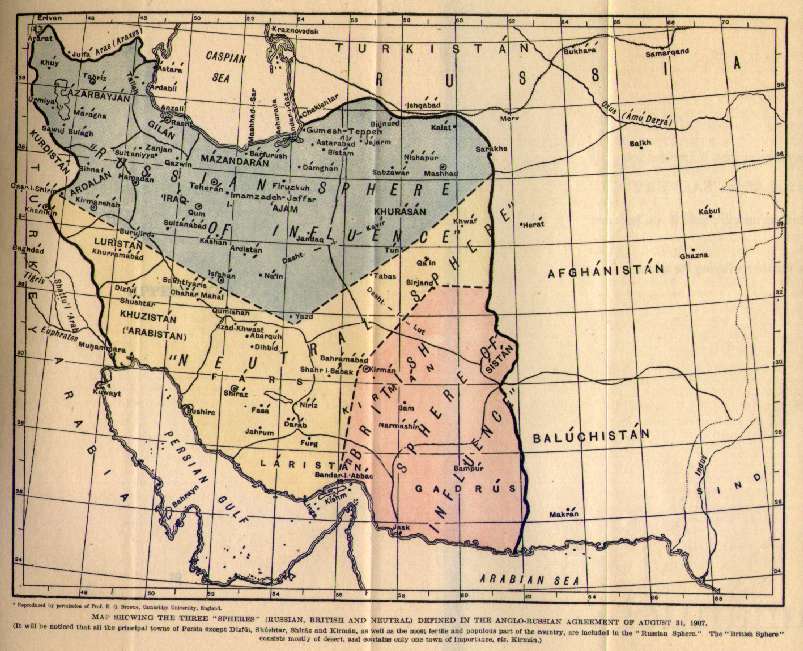 نقشه ایران که در آن حوزه نفوذ روسیه (سبز)، نفوذ بریتانیا (قرمز) و منطقه بی‌طرف (زرد) مشخص شده‌است. این نقشه در کتاب اختناق ایران نوشته مورگان شوستر چاپ شده‌است.